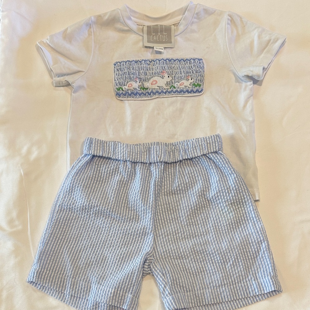 Little Cactus Blue and White Kids Matching Set Smocked Bunnies